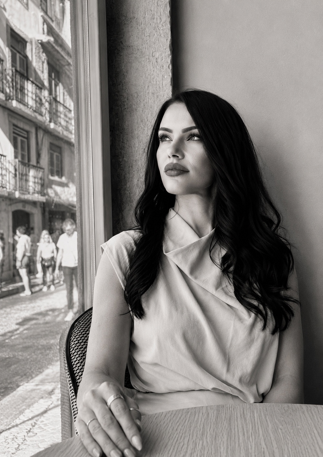 Black-and-white portrait of Indira Avdić beside a window